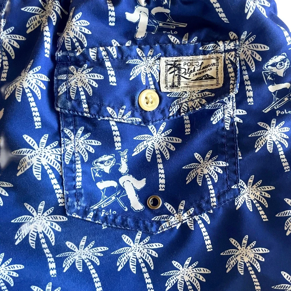RALPH LAUREN Mens Size XS-S Blue Traveler POLO Bear Palm Trees Swim Trunks